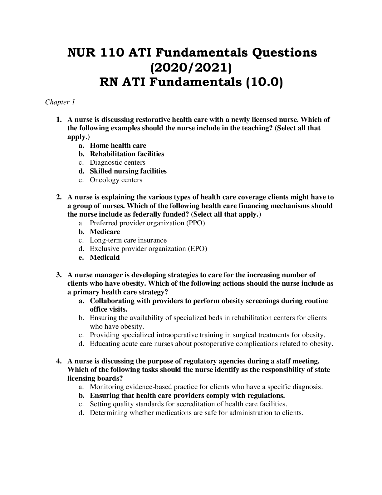 Preview image for NUR 110 ATI Fundamentals Questions (2020/2021) RN ATI Fundamentals (10.0)
